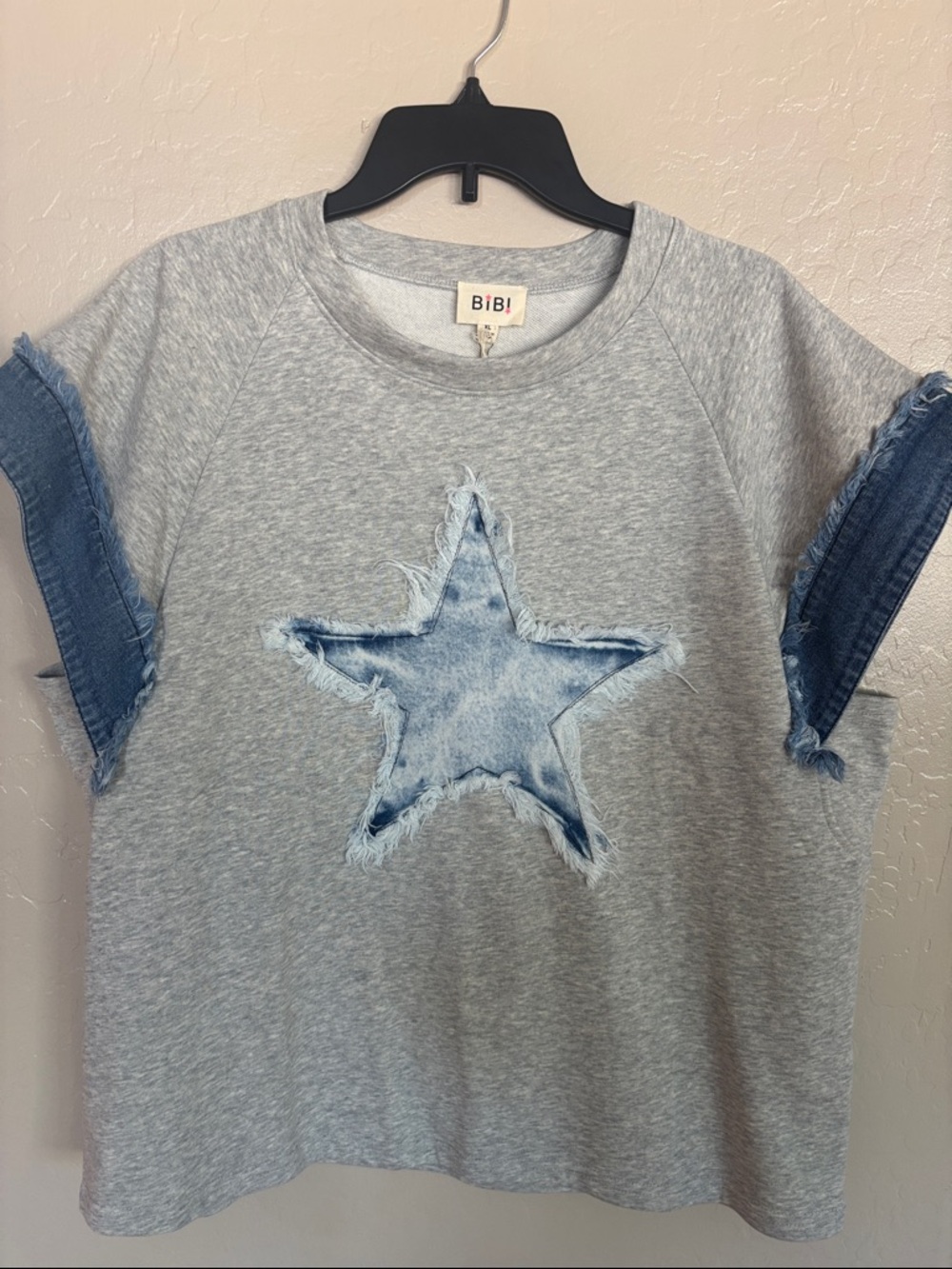BiBi Grey Sweatshirt Tee with Frayed Denim Star
